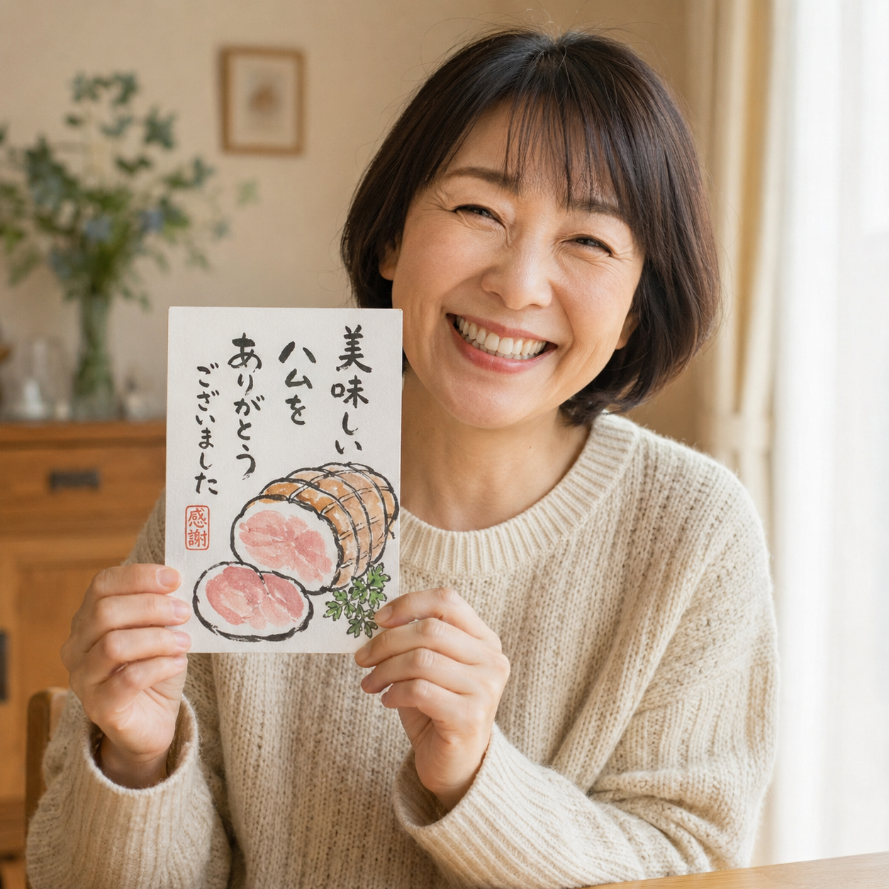 絵手紙のお礼状を見せて笑顔の女性