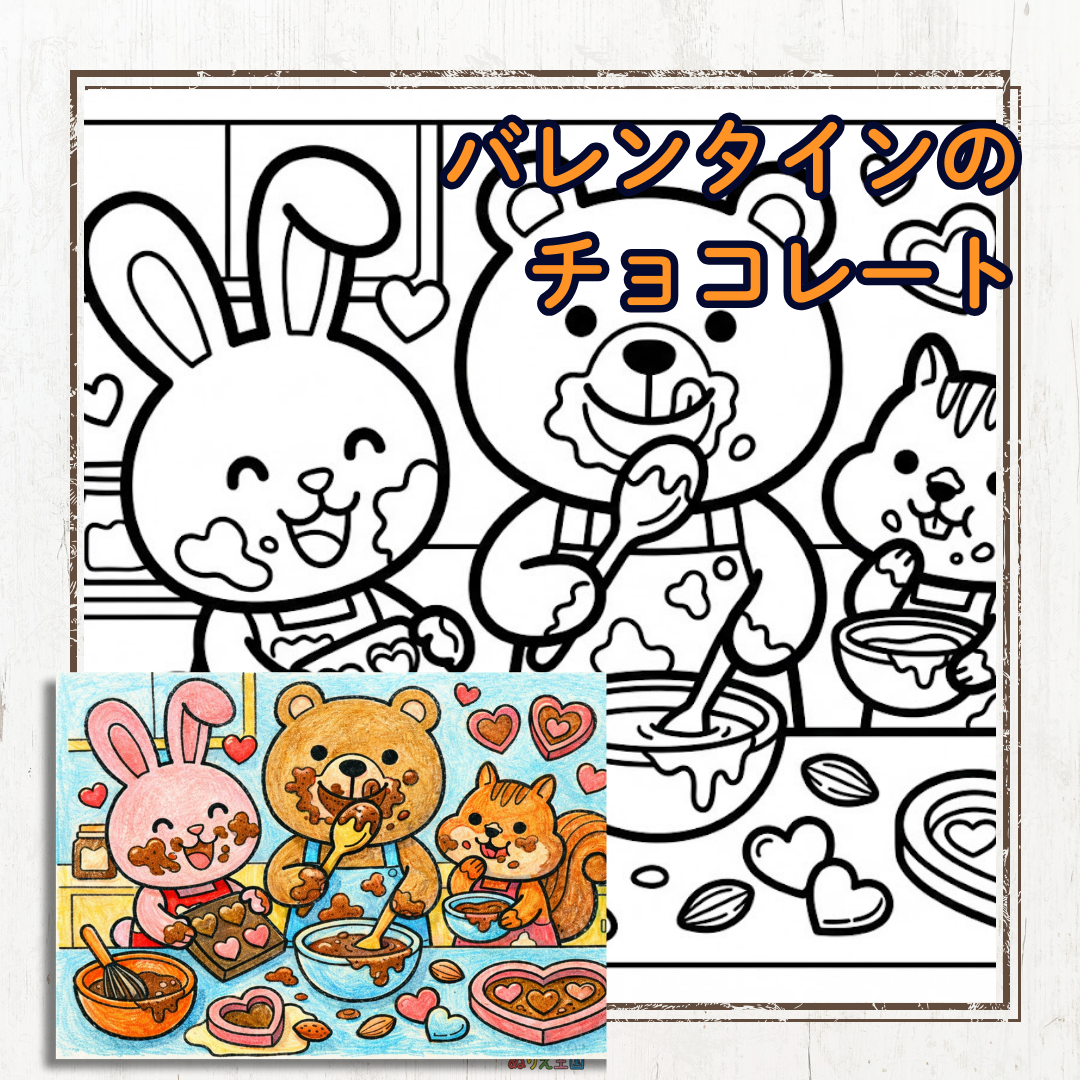 かわいい動物たちが、バレンタインに向けてチョコレート作りに奮闘している塗り絵です