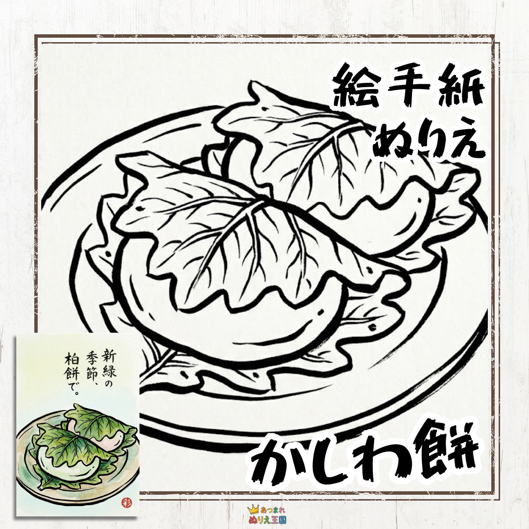 5月の端午の節句に欠かせない「柏餅（かしわもち）」を、温かみのある絵手紙風の塗り絵にしました