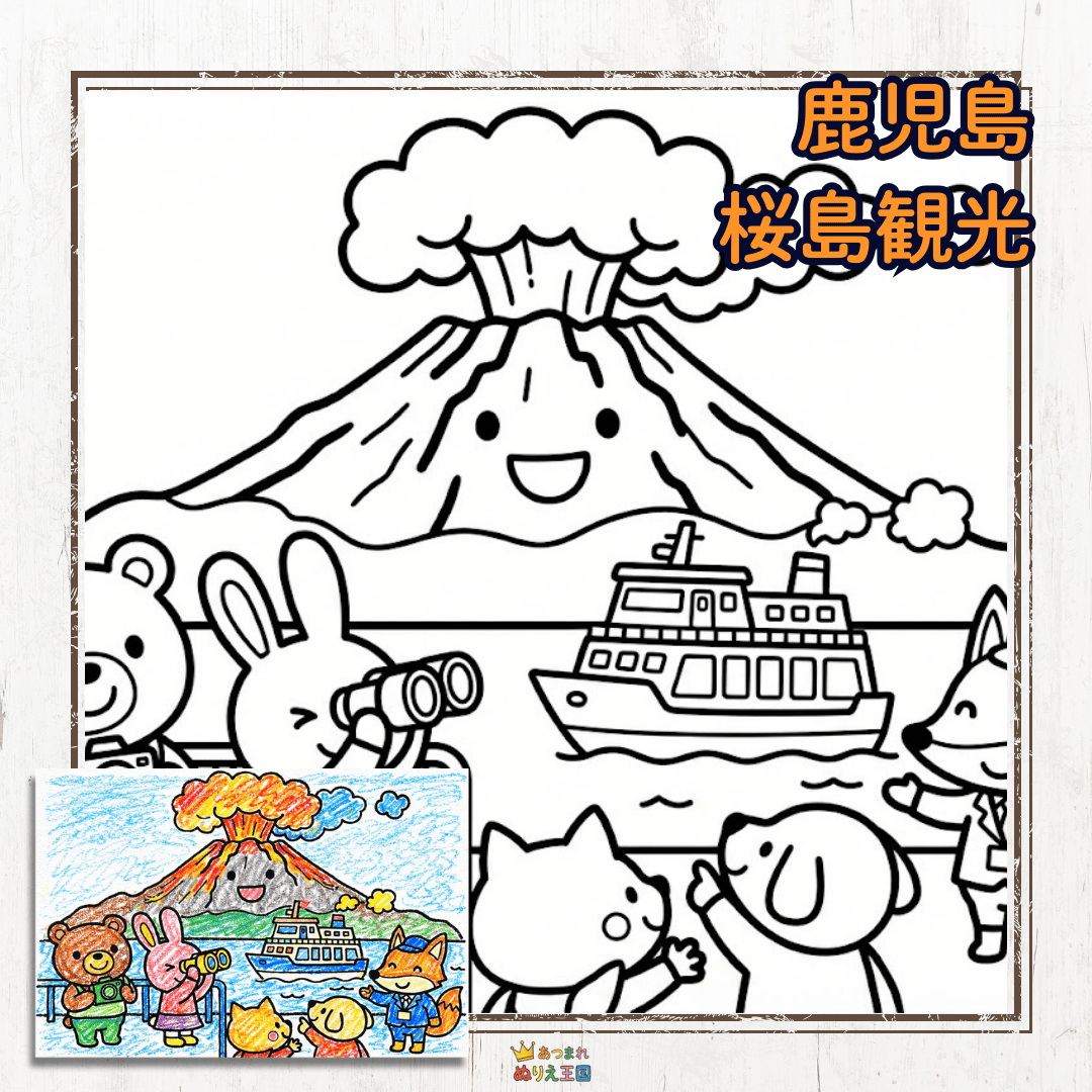 かわいい動物たちの鹿児島桜島観光のぬりえ