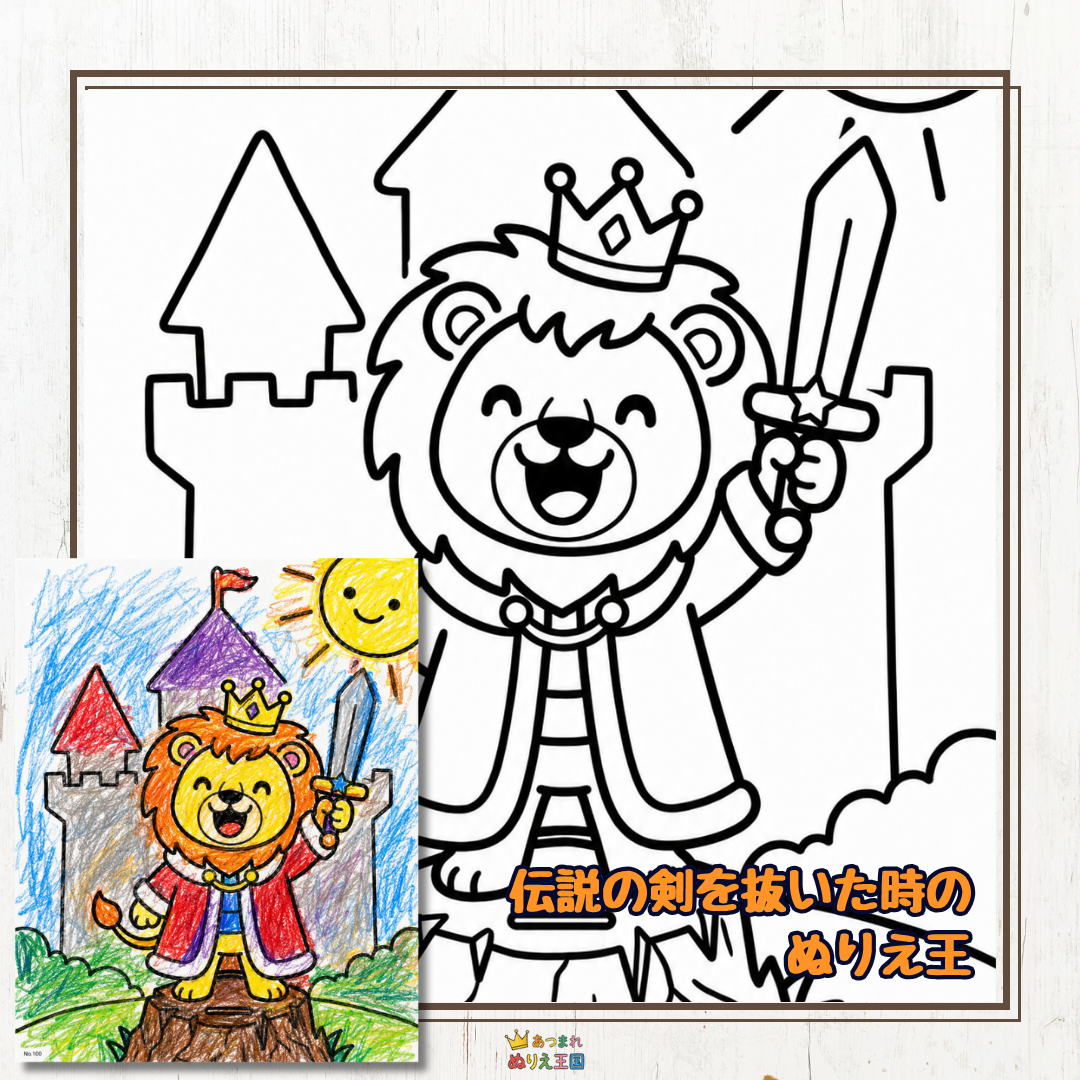 【第100弾記念】伝説の剣を抜いた「ぬりえ王」ライオンの無料塗り絵