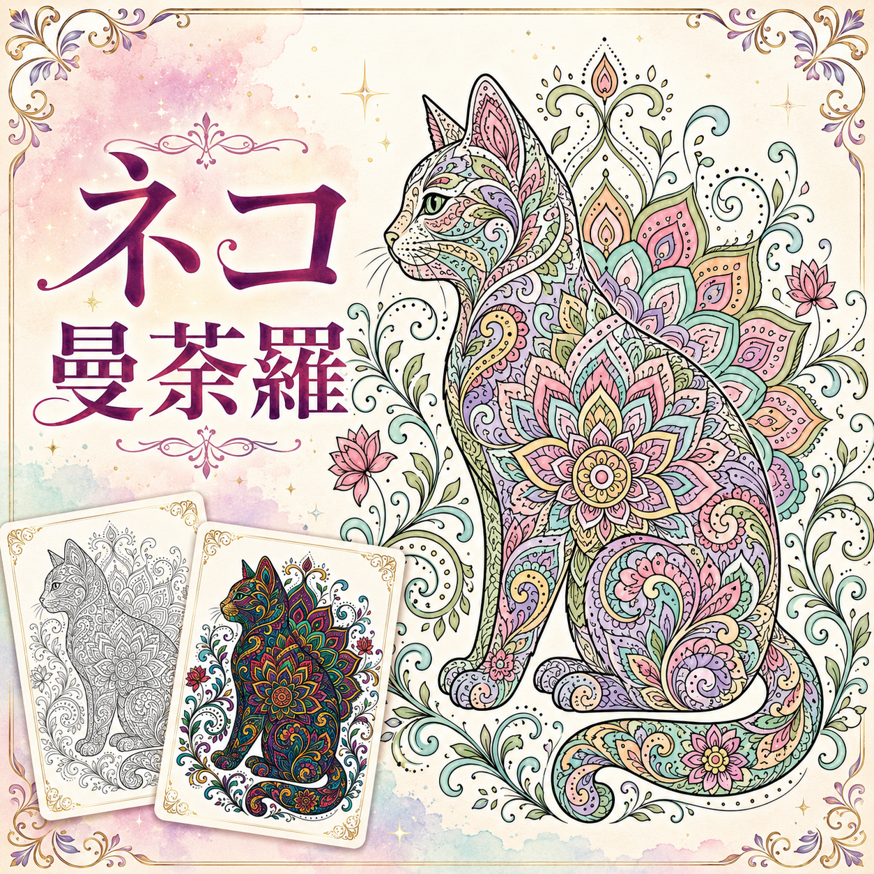 横向きに座るネコのシルエットに、花や唐草、細かな曼荼羅模様をたっぷり詰め込んだ、塗りごたえのあるデザインの大人の塗り絵を無料配布中！