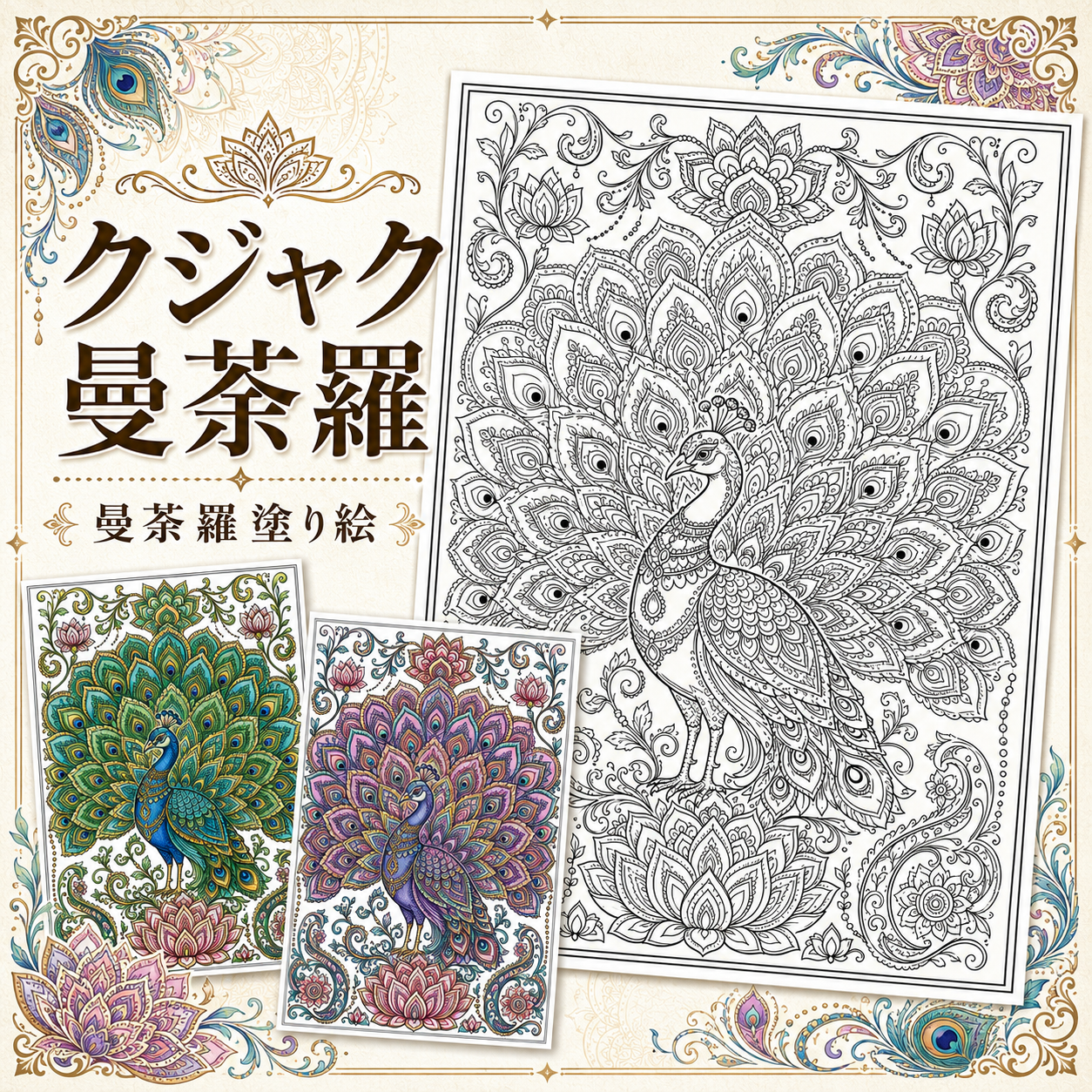 【大人の塗り絵無料PDF】塗りに没頭できる孔雀の塗り絵