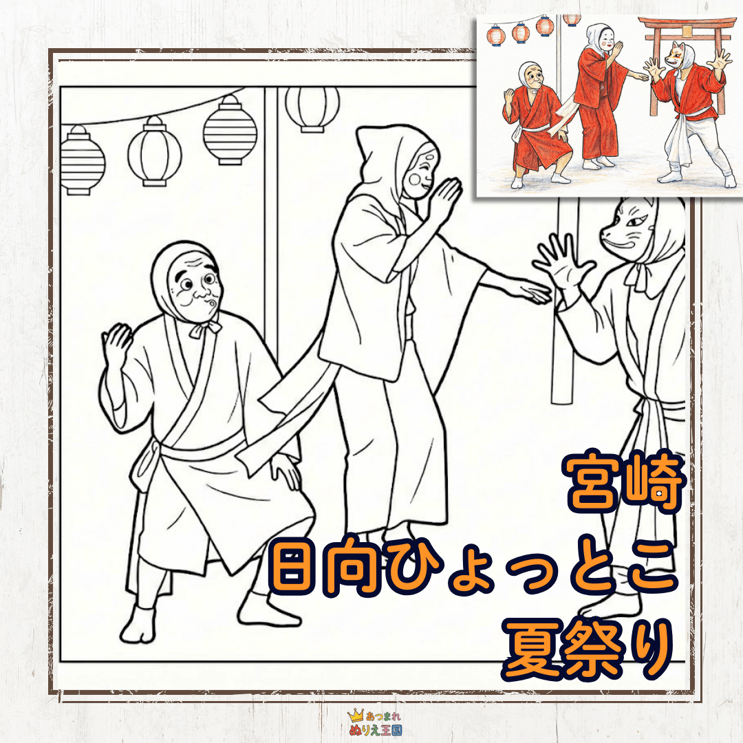 宮崎県、 日向ひょっとこ夏祭りの様子が塗り絵になっています。ひょっとこ、おたふく、キツネのお面を被った三人組のイラスト。