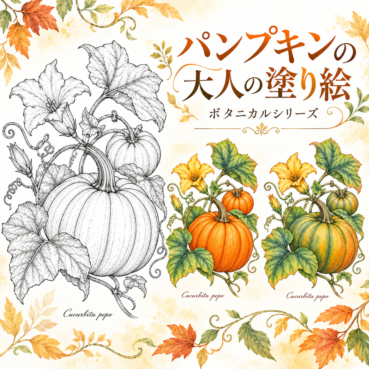 無料】かぼちゃの塗り絵｜ボタニカルシリーズの秋の大人向けぬりえ