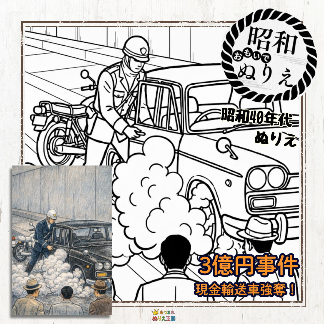 三億円事件で現金輸送車の下から煙が出ているシーンの塗り絵