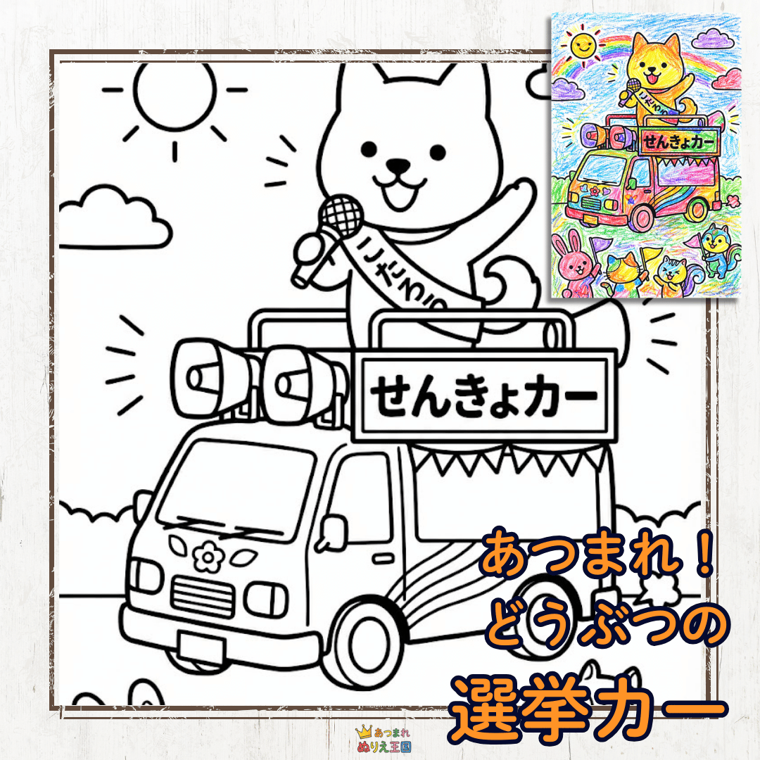 あつまれ！どうぶつの選挙カーをモチーフにしたかわいい子供用無料塗り絵
