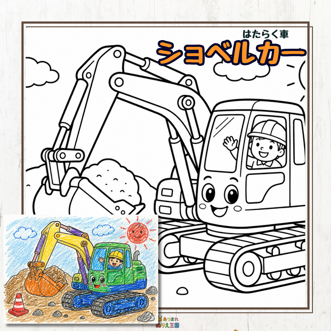 車体のフロントに目や口が付いていてかわいいショベルカーの子供用塗り絵(無料PDF)はたらく車シリーズです。