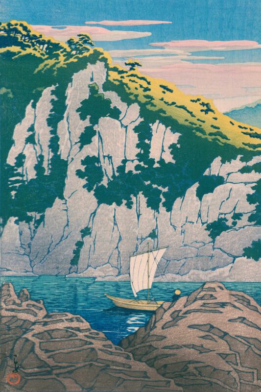 川瀬巴水『木曽川蓬莱岩』の原画。切り立った崖と緑の木々、青い川の木版画