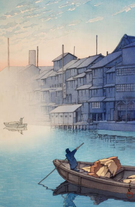 川瀬巴水、大坂道頓堀の朝の高画質版の画像へのリンク