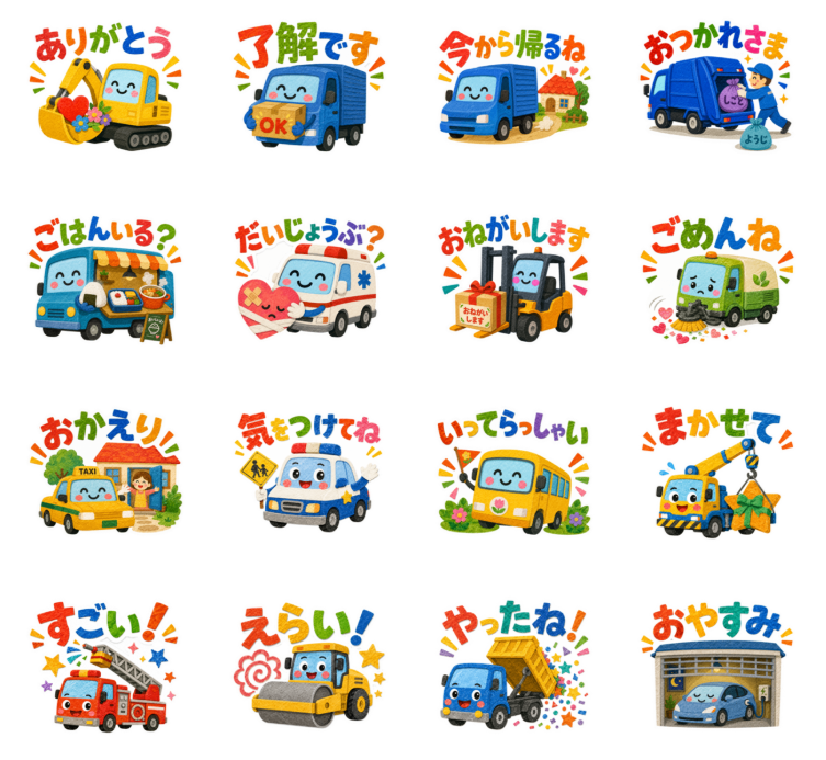 はたらく車シリーズのLINEスタンプ第一弾は全16種類