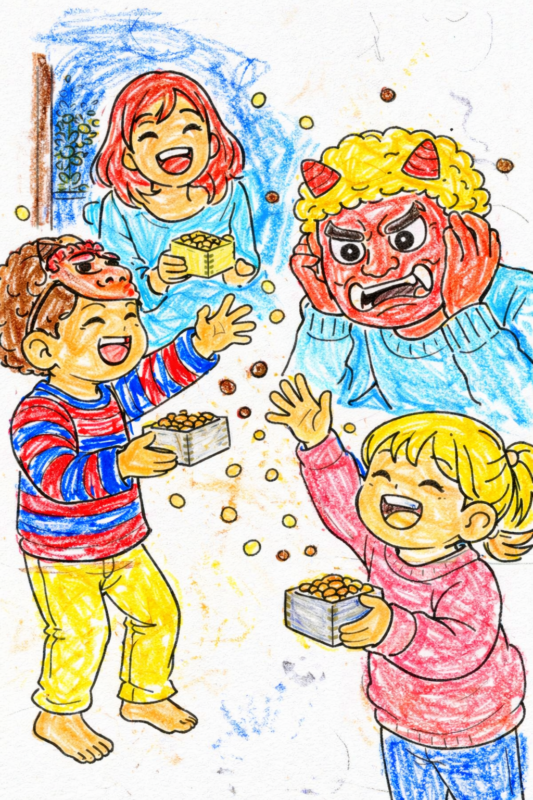 節分の豆まきをする家族の塗り絵。パパ鬼と笑顔で豆をまく子供たちのイラストの塗りの見本その１