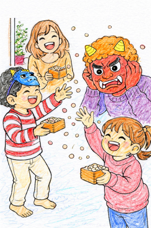 節分の豆まきをする家族の塗り絵。パパ鬼と笑顔で豆をまく子供たちのイラストの塗りの見本その２