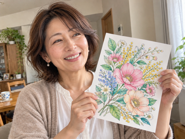 完成した大人の塗り絵を手にする女性