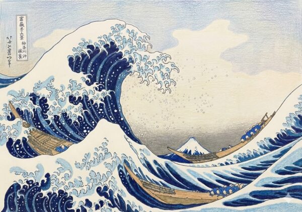 北斎・神奈川沖浪裏の塗り絵見本。濃淡のある青を重ねて迫力を出した色鉛筆画風