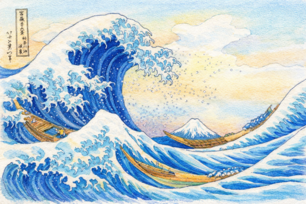 北斎・神奈川沖浪裏の塗り絵見本。濃淡のある青を重ねて迫力を出した色鉛筆画風