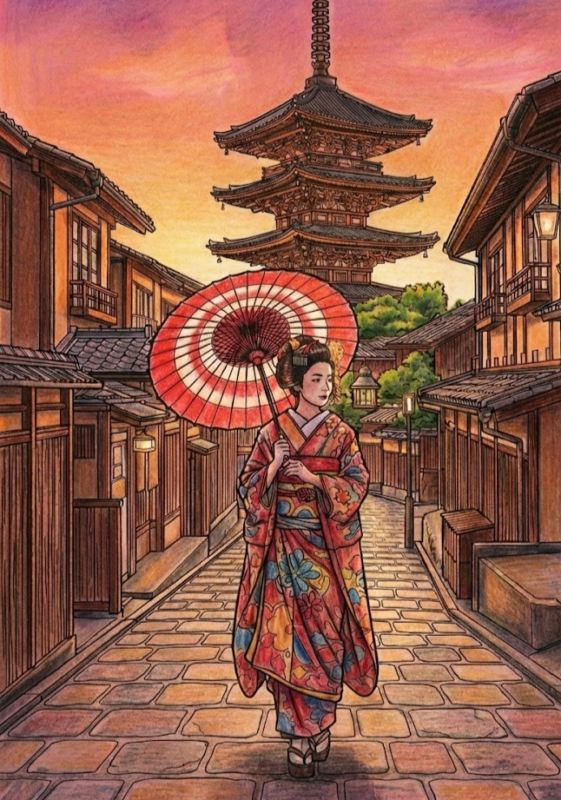 無料ぬりえ】京都・祇園と五重塔（八坂の塔）｜大人の本格風景画