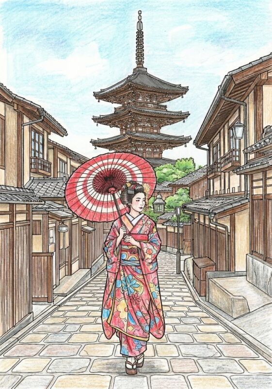 無料ぬりえ】京都・祇園と五重塔（八坂の塔）｜大人の本格風景画