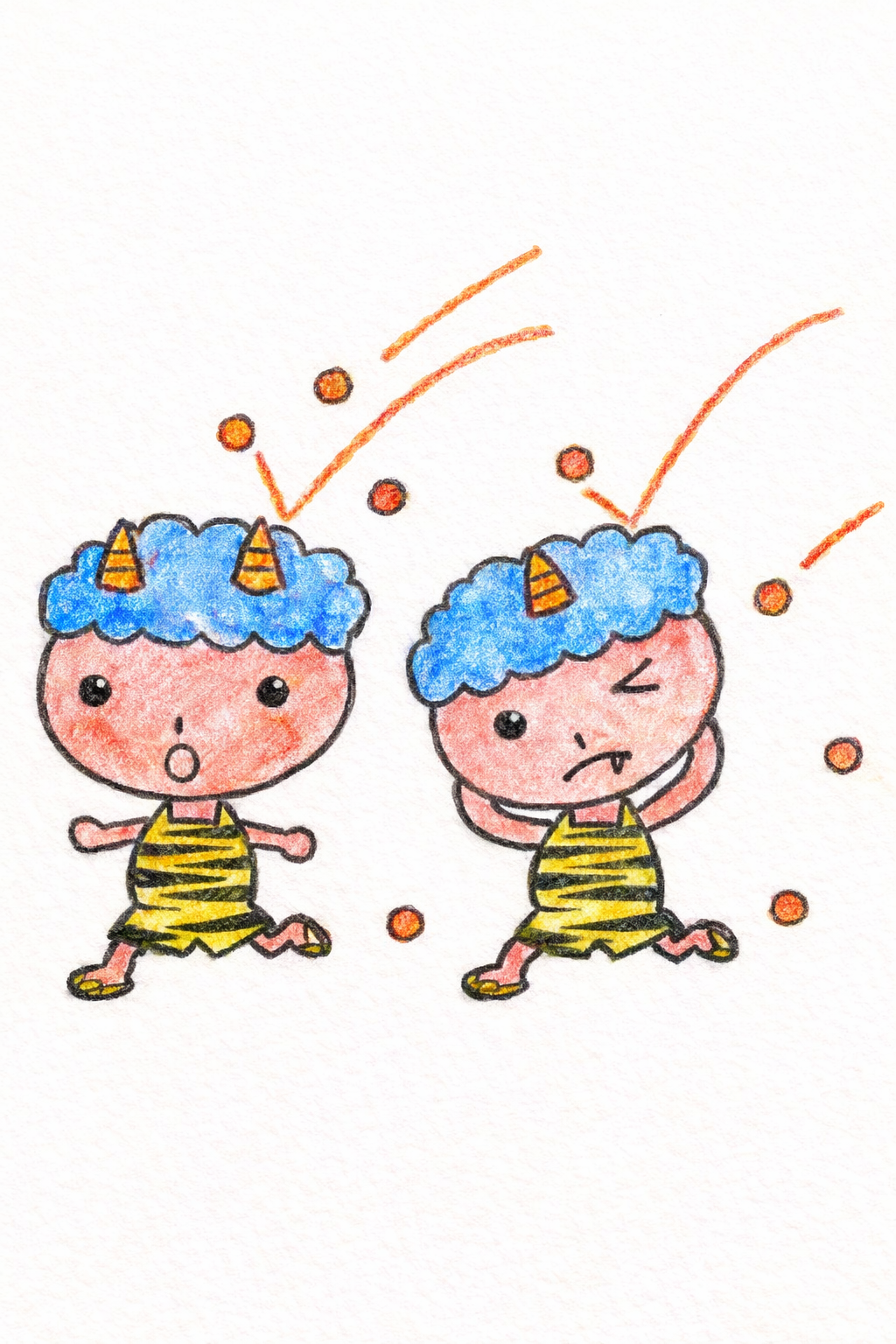 節分・鬼の塗り絵見本。色鉛筆で塗った優しいタッチの赤鬼と青鬼