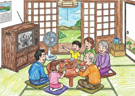 昭和の茶の間でテレビを見る家族の塗り絵。クレパス風の塗り見本その１