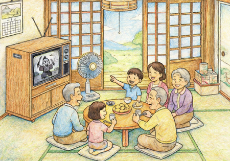 昭和の茶の間で白黒テレビを見る家族の塗り絵。色鉛筆風の塗り見本