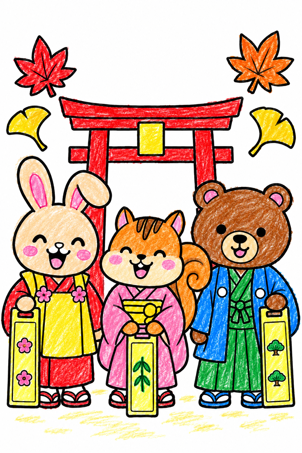 どうぶつたちの七五三の塗り見本1。赤い鳥居、赤と黄色のうさぎの着物、ピンクのりすの着物、青いくまの羽織