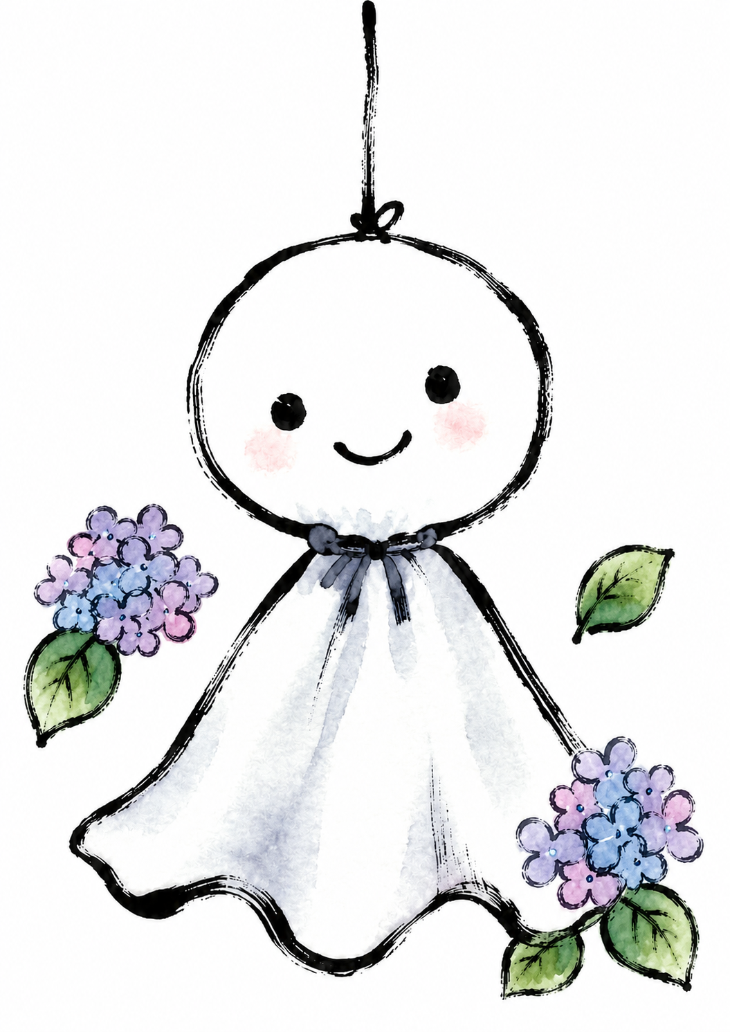 てるてる坊主の塗り絵見本。明るい青やピンクの紫陽花と、ほっぺが可愛いてるてる坊主のバージョン