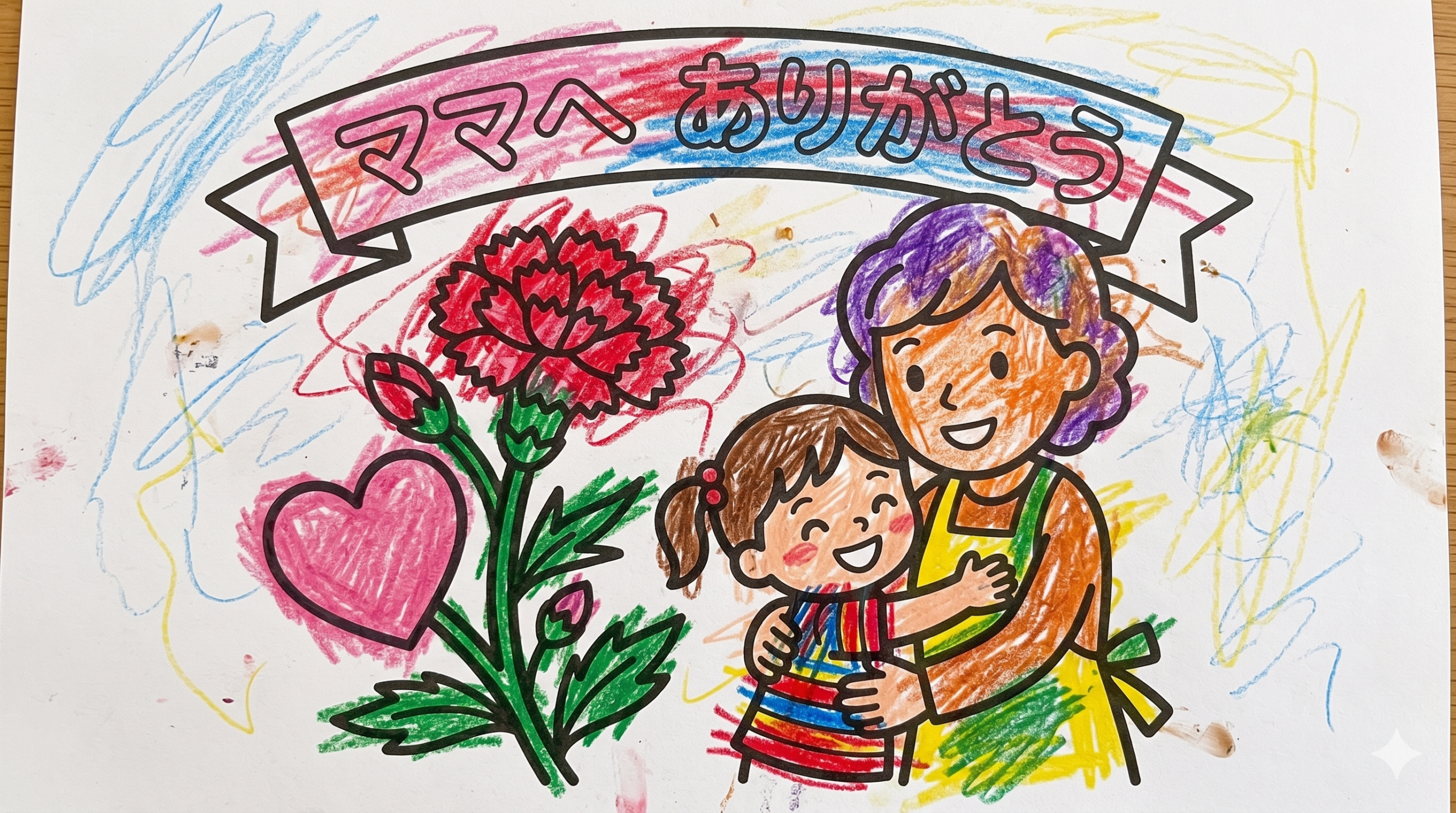 母の日の塗り絵見本。ピンクと黄色を基調とした温かみのある色鉛筆塗り