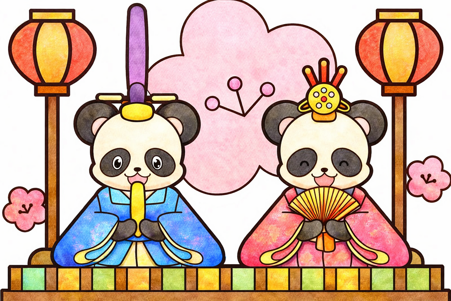 パンダのひな祭り塗り絵見本。ピンクを基調とした優しい水彩画風