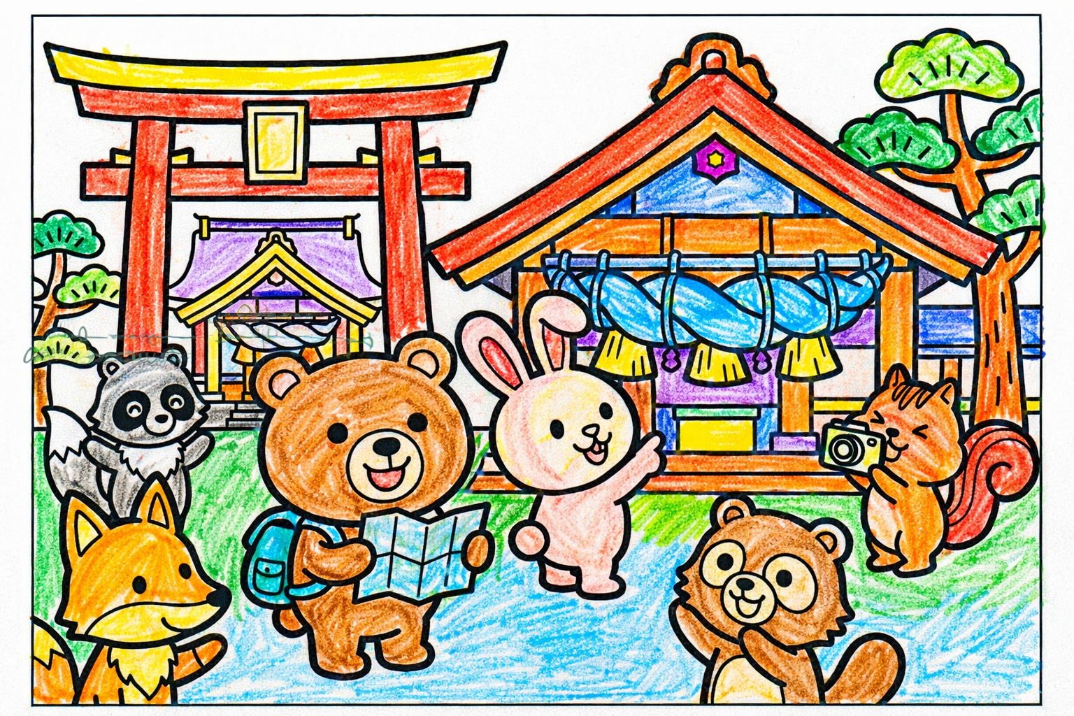 出雲大社の動物塗り絵見本。実際の神社の色味や動物本来の色を意識したベーシックな塗り方