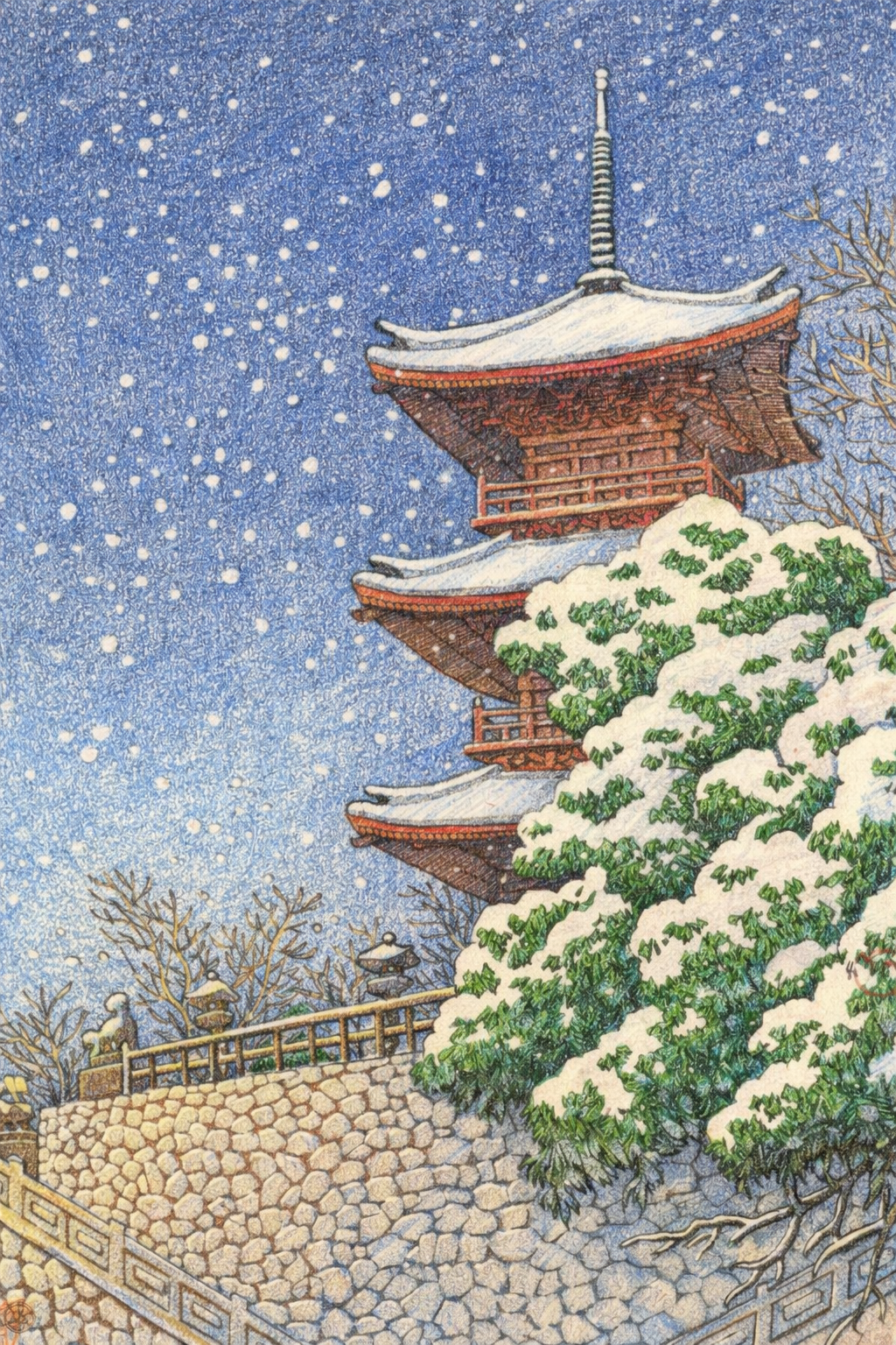 川瀬巴水の塗り絵見本。青空に雪が舞う、明るく清々しい昼間の風景として着色