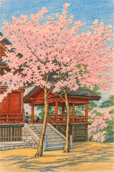 川瀬巴水・上野清水堂の塗り絵見本。色鉛筆で元絵の雰囲気を再現した手塗り仕上げ