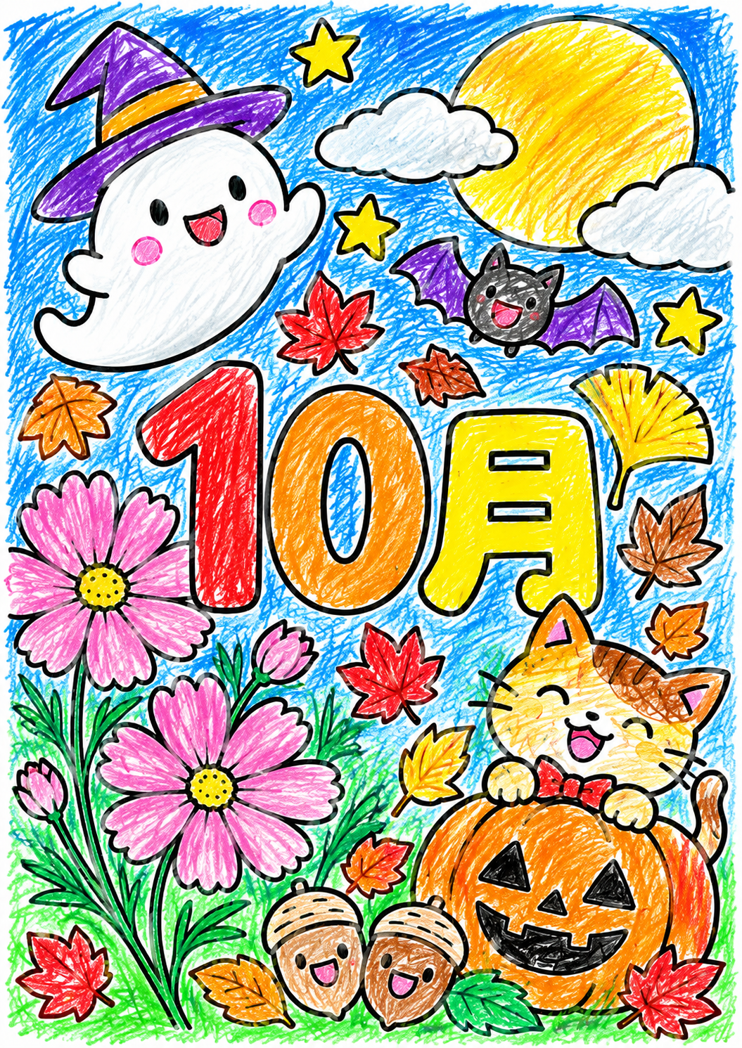 10月の塗り絵見本1。ハロウィンの夜空、かぼちゃ、おばけ、黒ねこを塗った作例