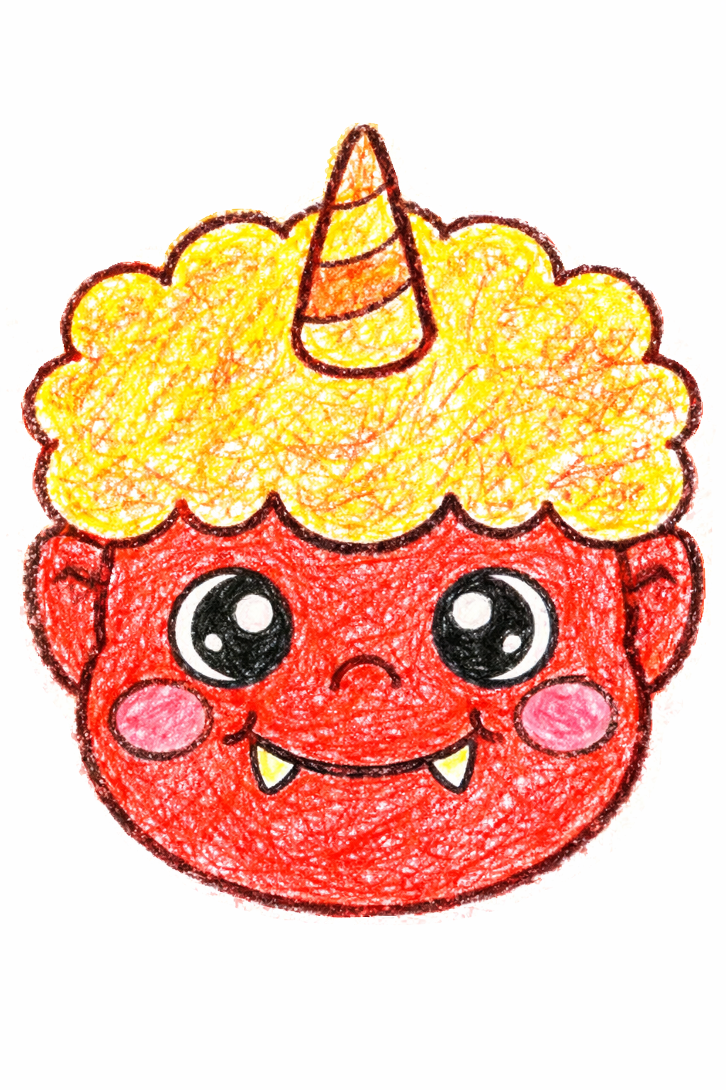 一本角の子オニの塗り絵見本。元気でかわいい赤鬼