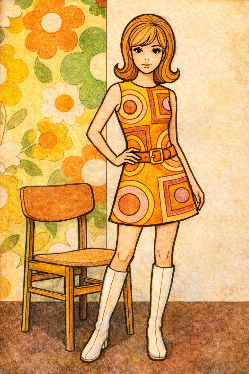 昭和レトロファッションの塗り絵見本。オレンジと黄色のビタミンカラーでまとめたポップな配色