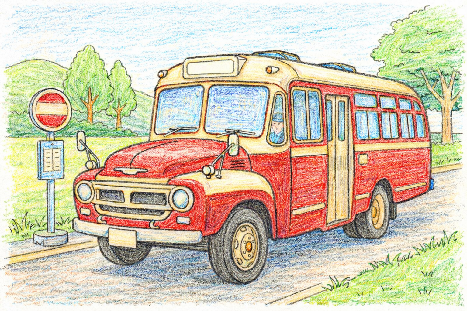 昭和のバス塗り絵見本。赤とクリーム色のツートンカラーで塗った例