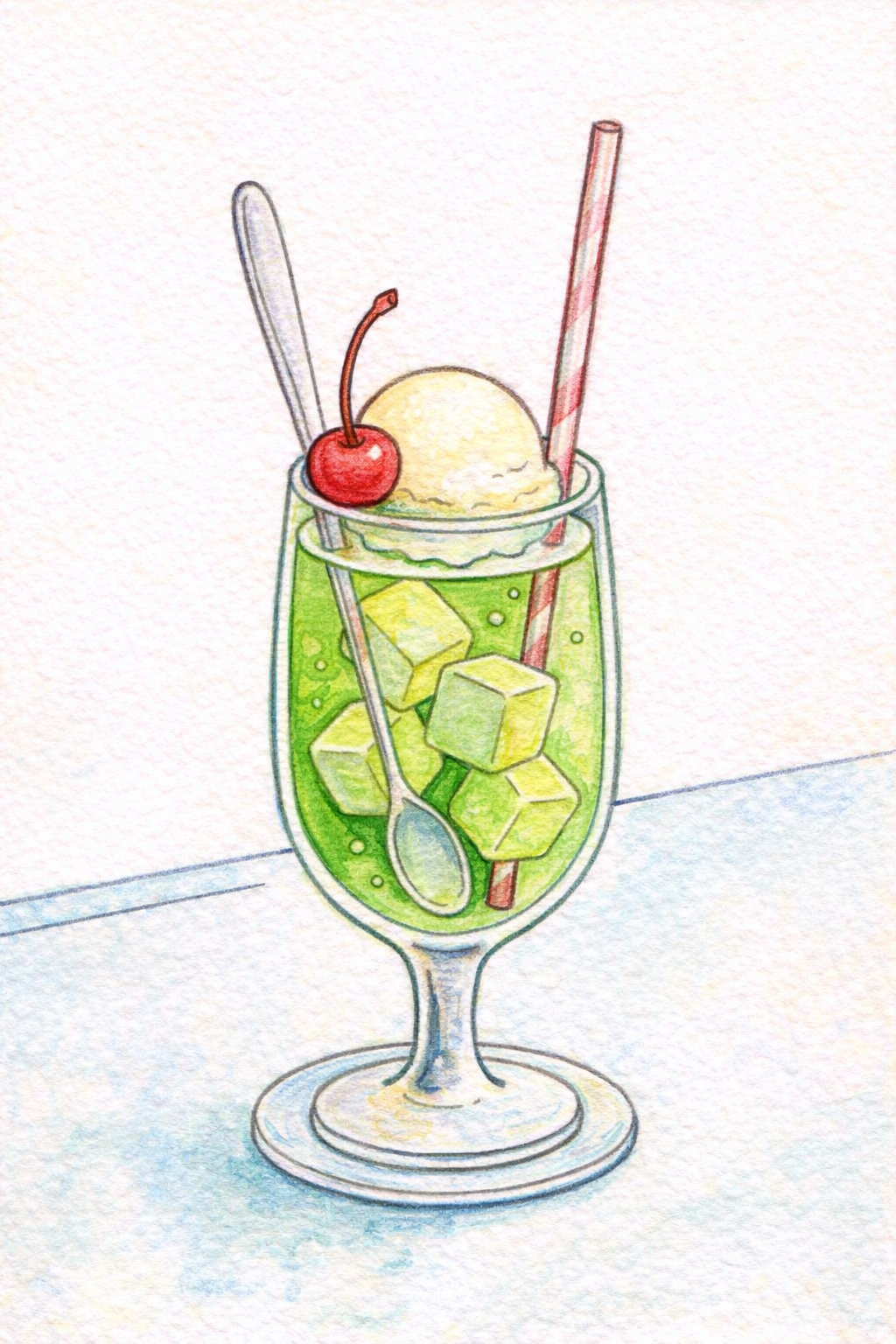 メロンクリームソーダの塗り絵見本。明るい色調の水彩風