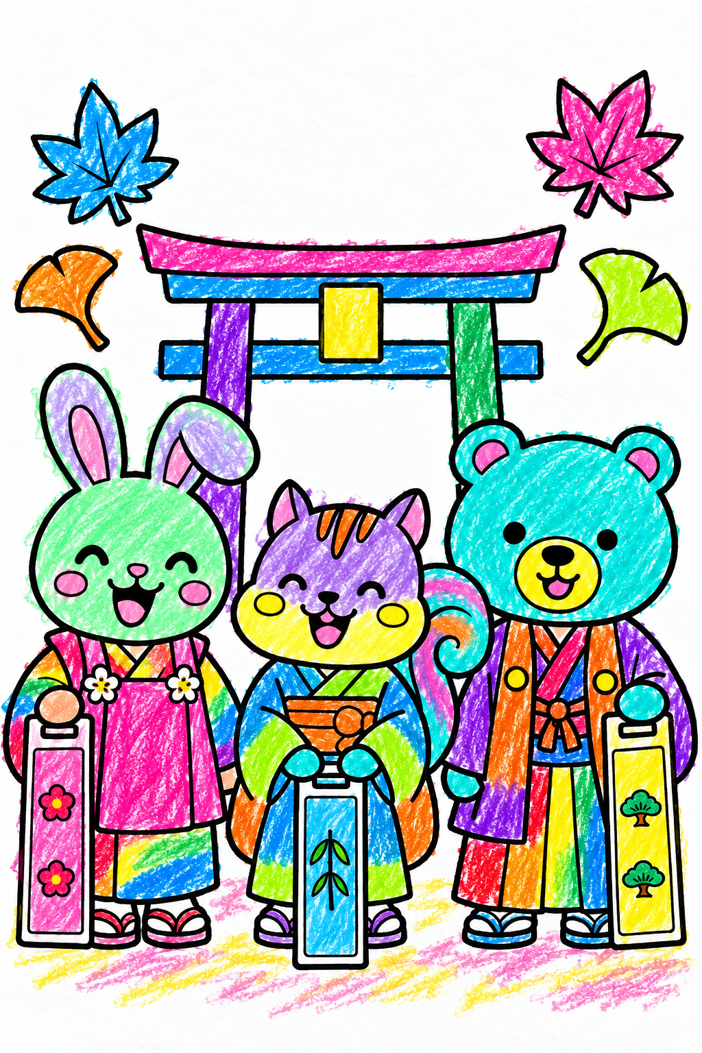 どうぶつたちの七五三の塗り見本2。緑のうさぎ、紫のりす、水色のくまとカラフルな晴れ着