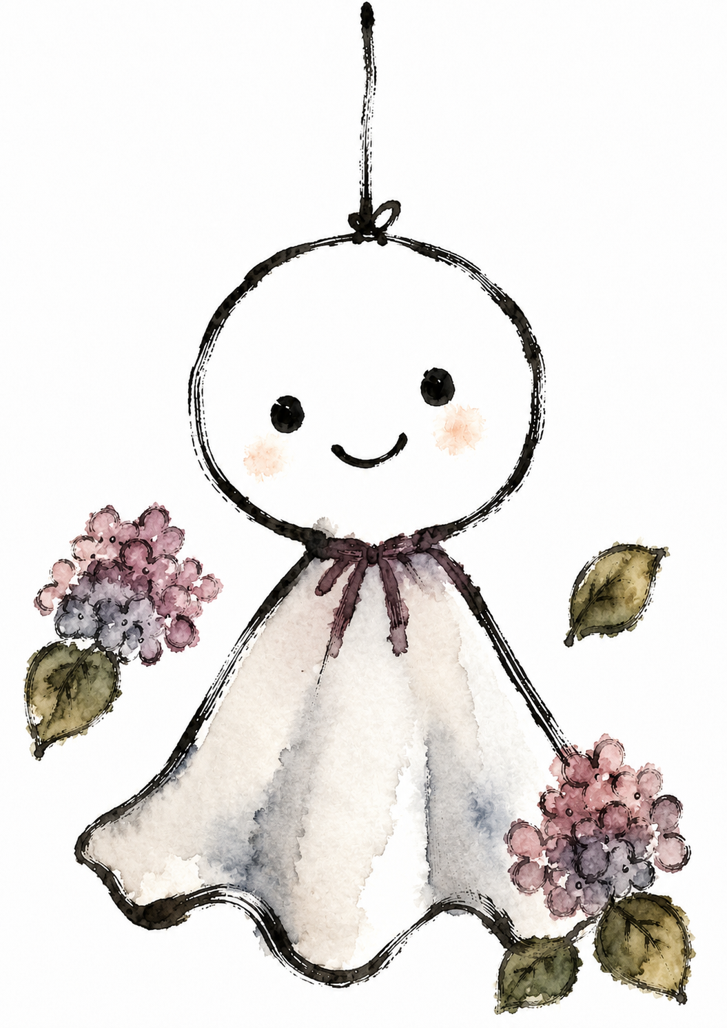 てるてる坊主の塗り絵見本。くすんだ色合いの紫陽花で渋めに仕上げた絵手紙風バージョン
