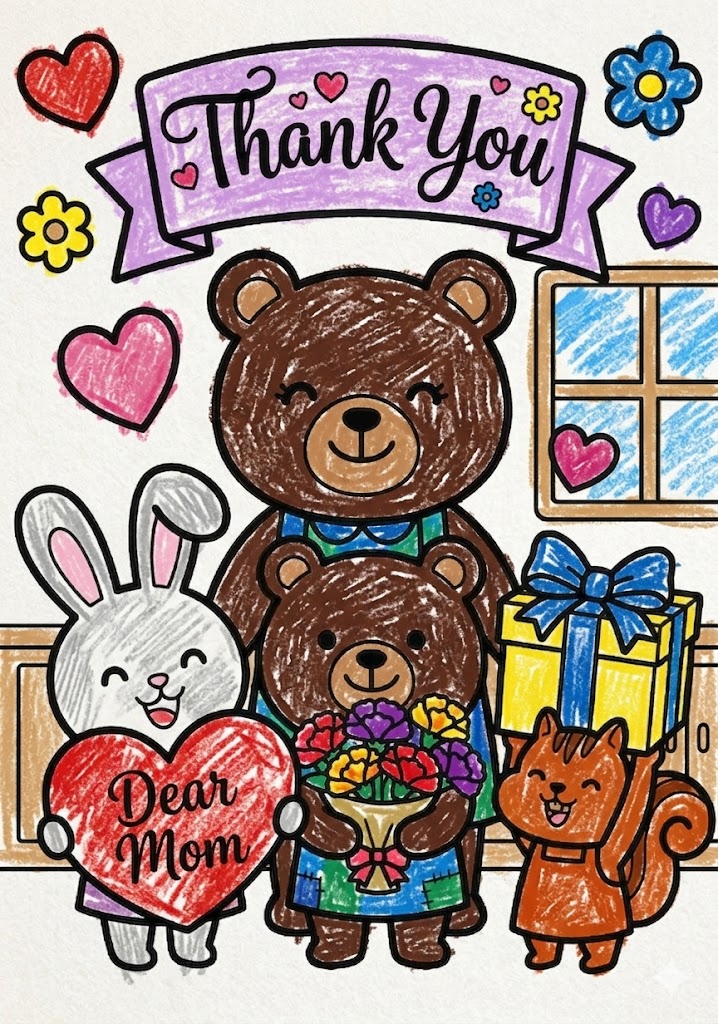 母の日の塗り絵見本。明るい色でしっかり塗った元気な印象のデザイン