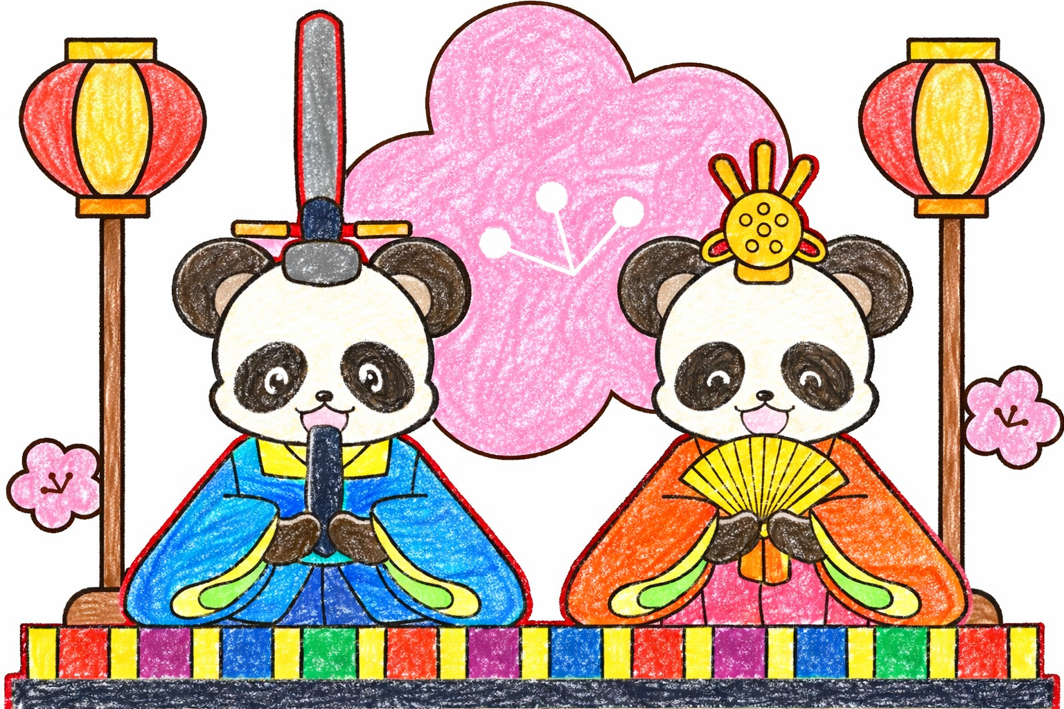 パンダのひな祭り塗り絵見本。はっきりとした色使いの元気なクレヨン画風