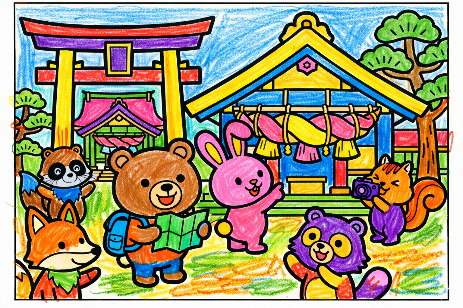 出雲大社の動物塗り絵見本。ピンクのウサギや紫のタヌキなど自由な色で塗ったポップな塗り方