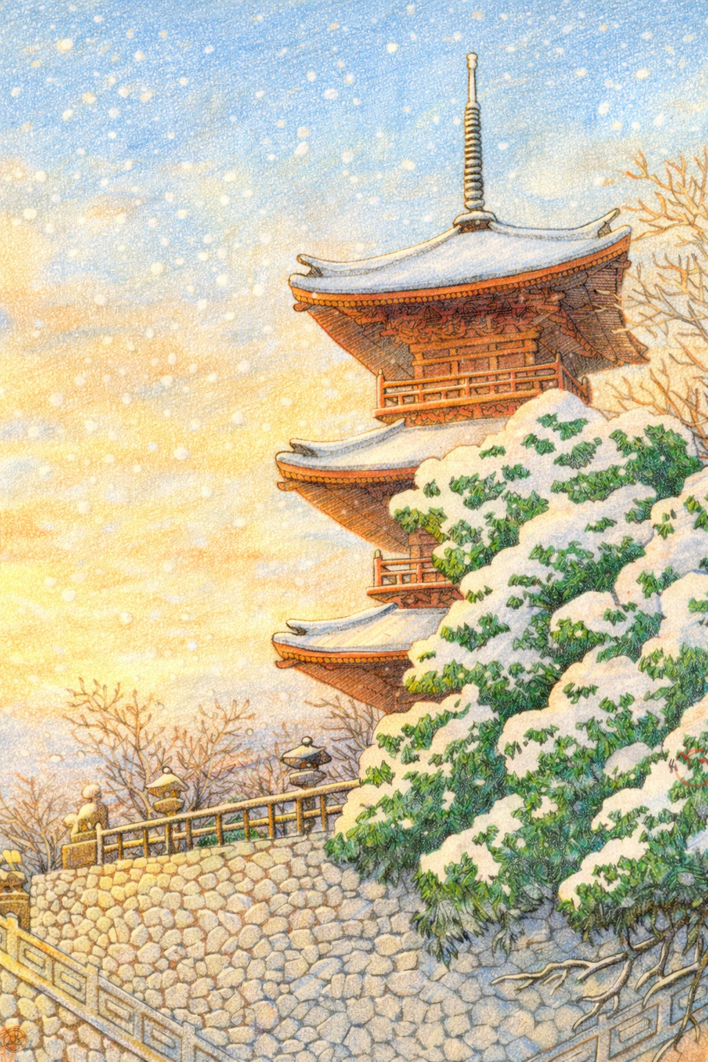 川瀬巴水の塗り絵見本。夕焼けのオレンジと雪の青が混ざり合う幻想的な雰囲気