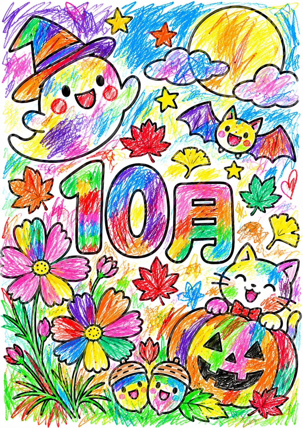 10月の塗り絵見本2。たくさんの色でハロウィンと秋のモチーフを塗った作例