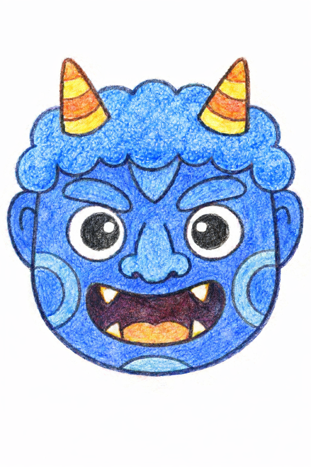 二本角オニの塗り絵見本。クールで少し強そうな青鬼