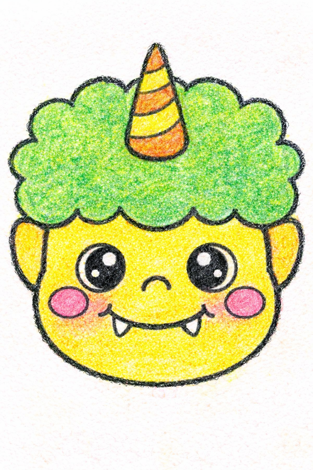 一本角の子オニの塗り絵見本。緑の髪と黄色い顔の雷様風