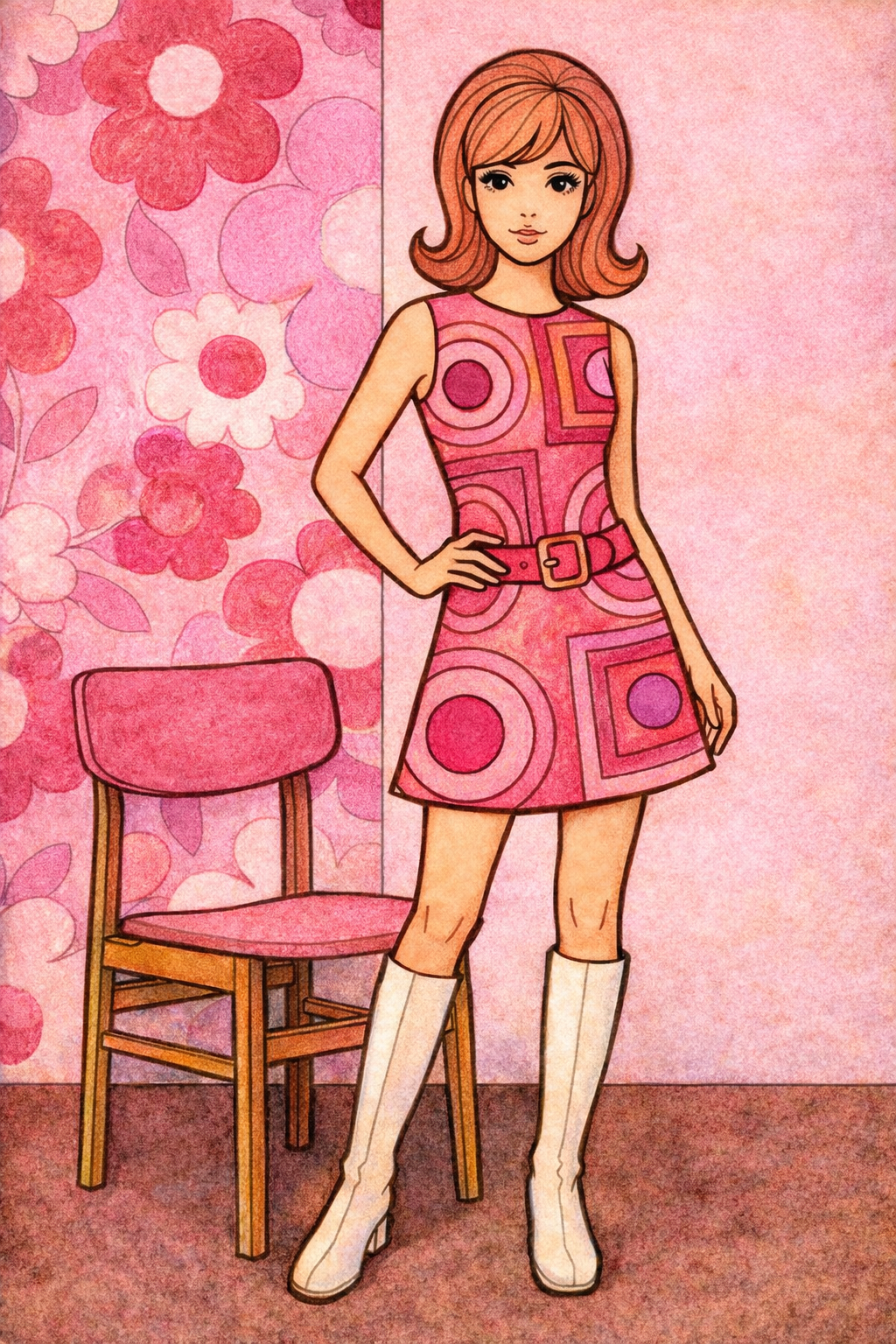 昭和レトロファッションの塗り絵見本。ピンクと赤を基調としたキュートでモダンな配色