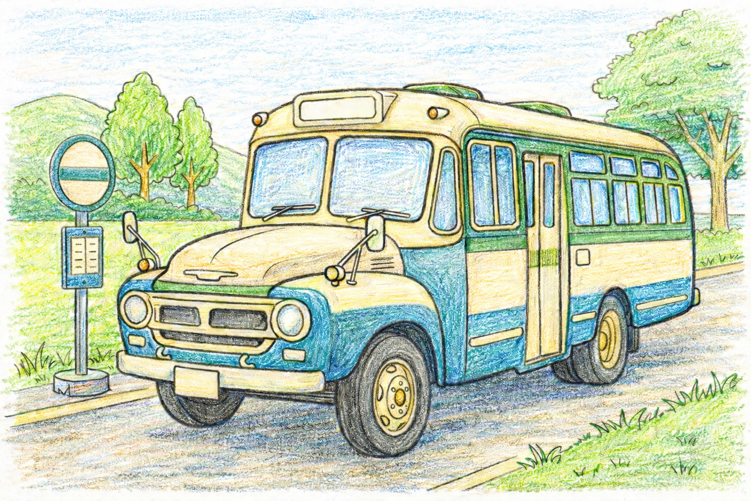 昭和のバス塗り絵見本。緑と青を使った落ち着いた配色の例