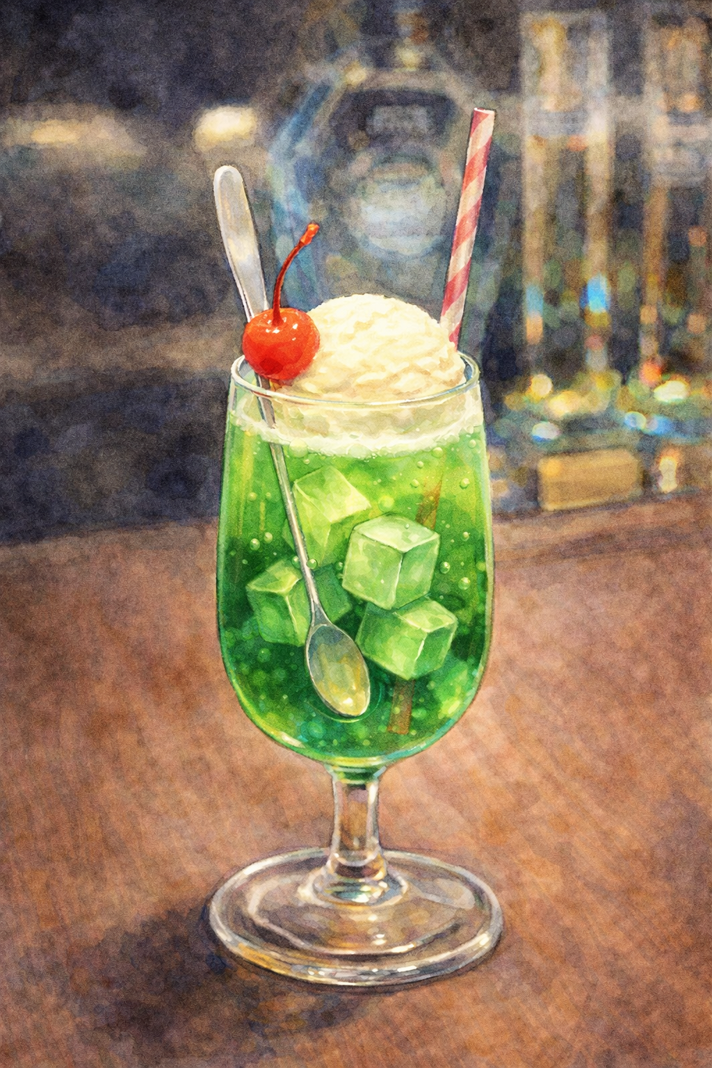 メロンクリームソーダの塗り絵見本。背景を描き込んだ純喫茶風