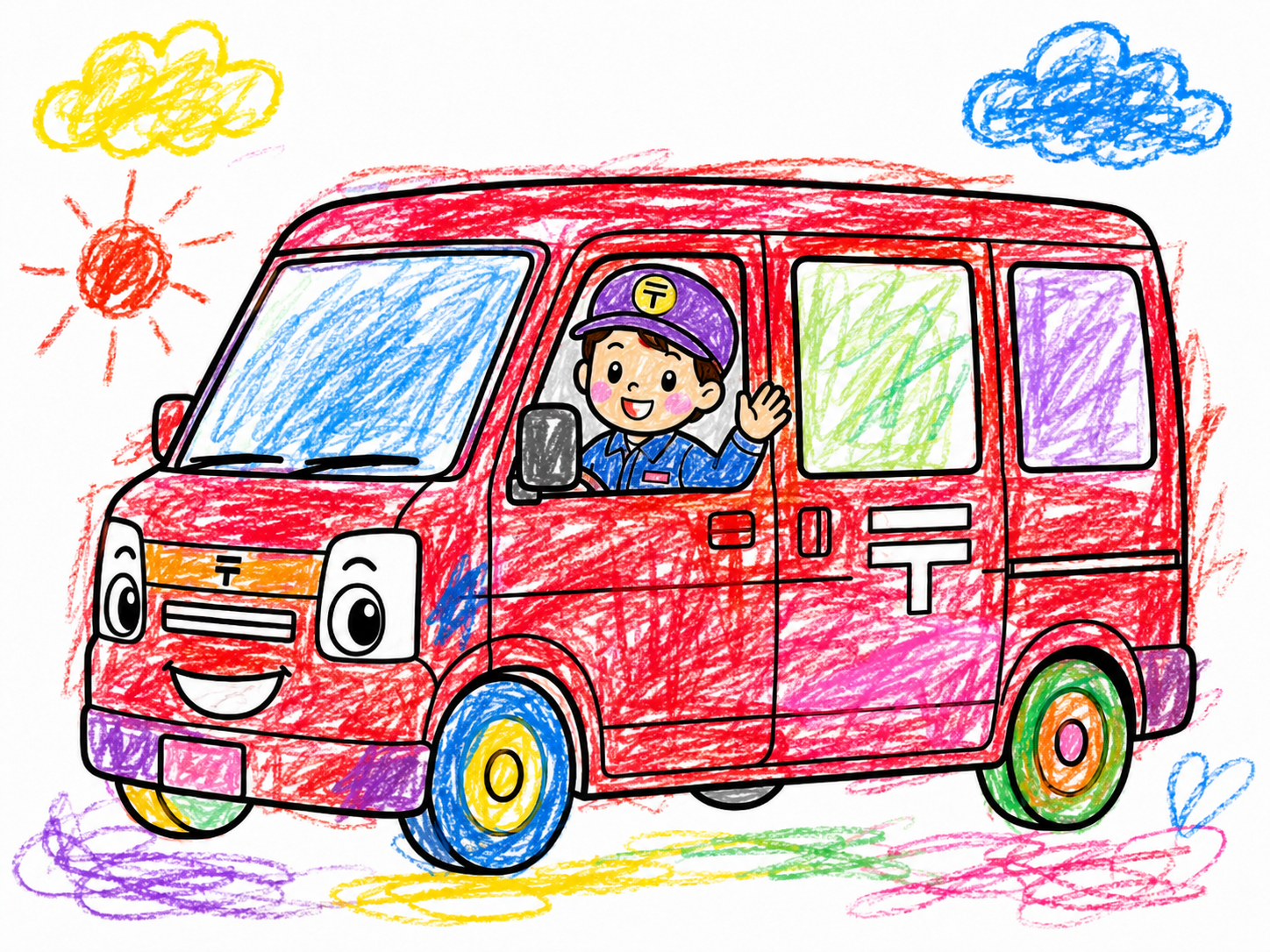 赤や紫に塗り分けられた郵便車。タイヤも青や緑色でかっこいいですね！